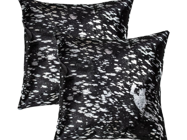 Set of Two 18" Black and Silver Abstract Cowhide Throw Pillows with Glitter