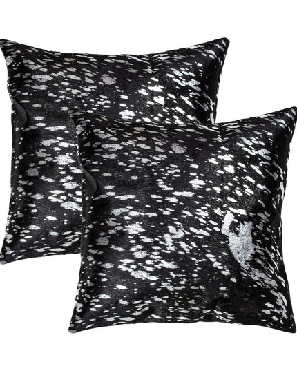 Set of Two 18" Black and Silver Abstract Cowhide Throw Pillows with Glitter
