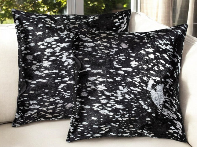 Set of Two 18" Black and Silver Abstract Cowhide Throw Pillows with Glitter