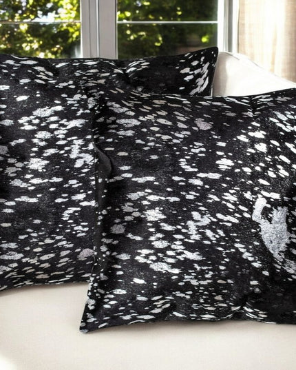 Set of Two 18" Black and Silver Abstract Cowhide Throw Pillows with Glitter