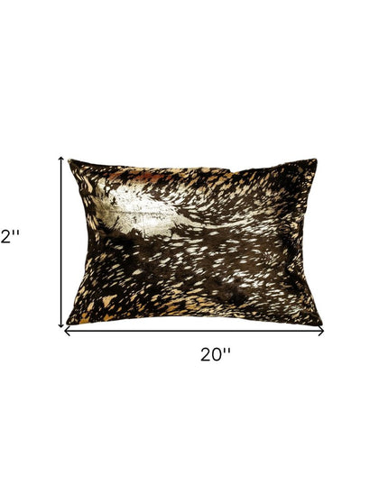 Set of Two 12" X 20" Chocolate and Gold Abstract Cowhide Lumbar Throw Pillows with Glitter