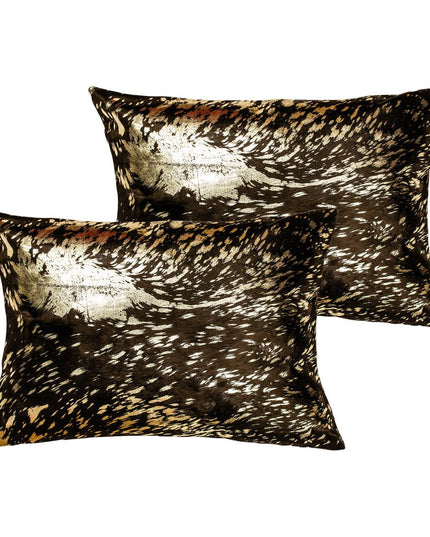 Set of Two 12" X 20" Chocolate and Gold Abstract Cowhide Lumbar Throw Pillows with Glitter