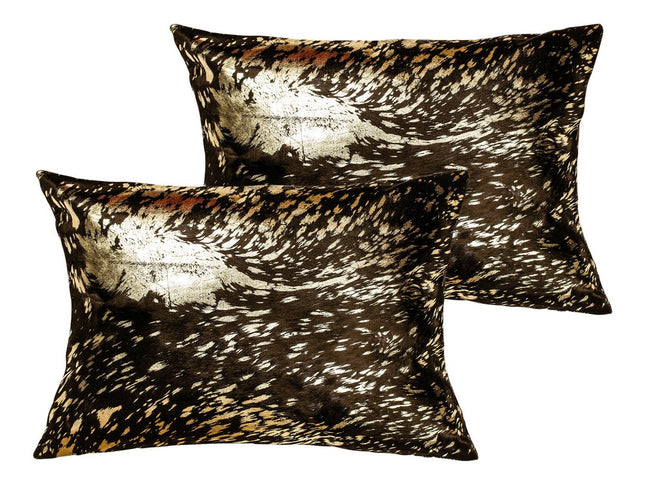Set of Two 12" X 20" Chocolate and Gold Abstract Cowhide Lumbar Throw Pillows with Glitter