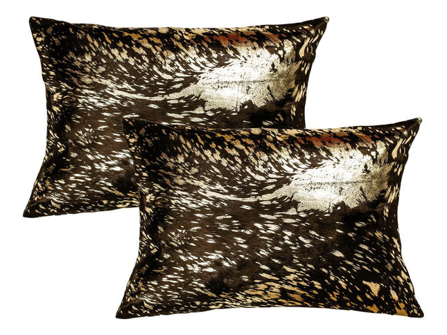 Set of Two 12" X 20" Chocolate and Gold Abstract Cowhide Lumbar Throw Pillows with Glitter