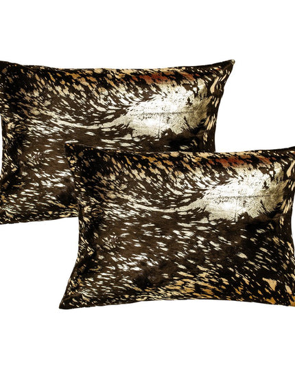 Set of Two 12" X 20" Chocolate and Gold Abstract Cowhide Lumbar Throw Pillows with Glitter