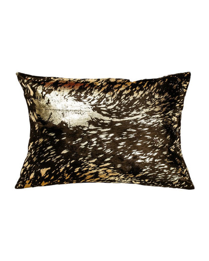 Set of Two 12" X 20" Chocolate and Gold Abstract Cowhide Lumbar Throw Pillows with Glitter