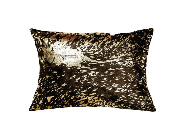 Set of Two 12" X 20" Chocolate and Gold Abstract Cowhide Lumbar Throw Pillows with Glitter