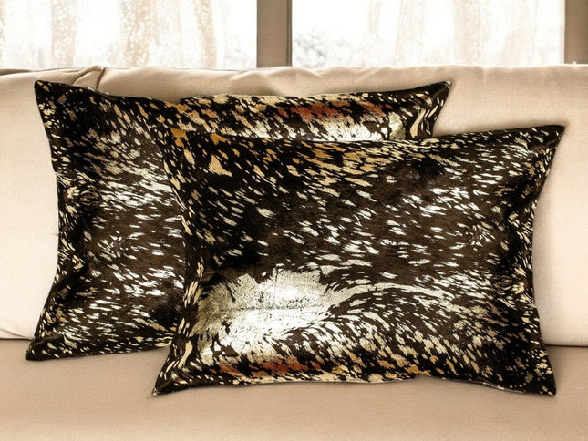Set of Two 12" X 20" Chocolate and Gold Abstract Cowhide Lumbar Throw Pillows with Glitter