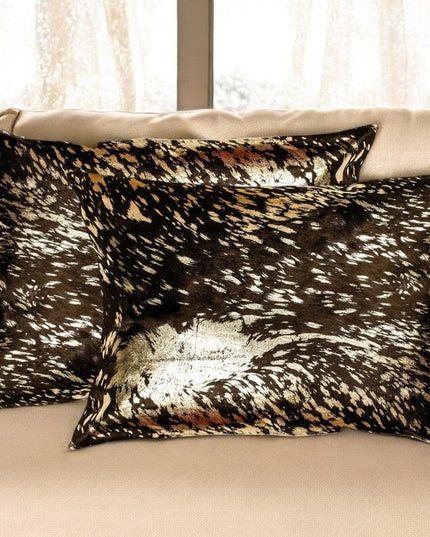 Set of Two 12" X 20" Chocolate and Gold Abstract Cowhide Lumbar Throw Pillows with Glitter