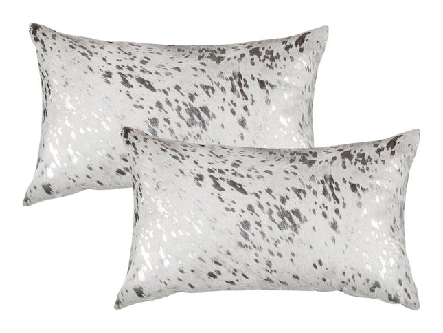 Set of Two 12" X 20" Gray and Silver Abstract Cowhide Lumbar Throw Pillows with Glitter
