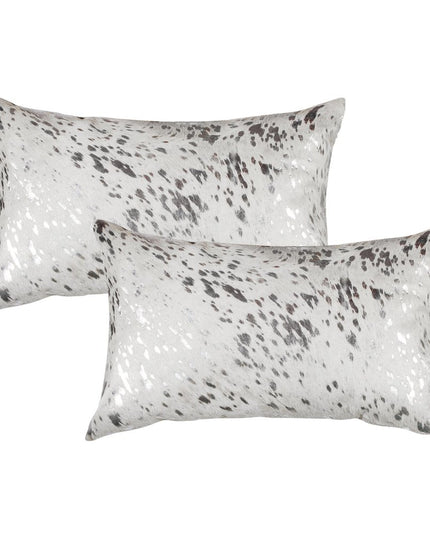 Set of Two 12" X 20" Gray and Silver Abstract Cowhide Lumbar Throw Pillows with Glitter