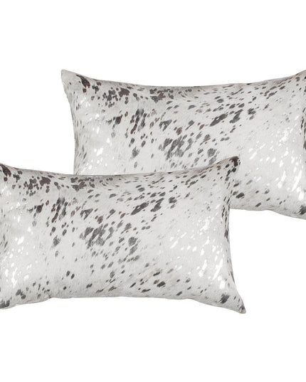 Set of Two 12" X 20" Gray and Silver Abstract Cowhide Lumbar Throw Pillows with Glitter