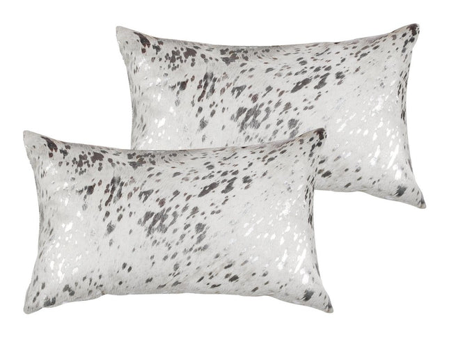 Set of Two 12" X 20" Gray and Silver Abstract Cowhide Lumbar Throw Pillows with Glitter