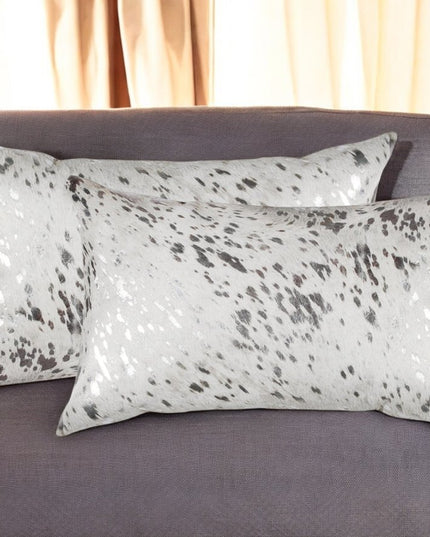 Set of Two 12" X 20" Gray and Silver Abstract Cowhide Lumbar Throw Pillows with Glitter