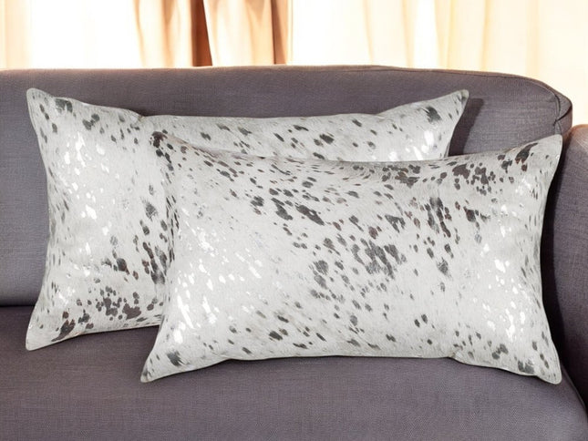 Set of Two 12" X 20" Gray and Silver Abstract Cowhide Lumbar Throw Pillows with Glitter