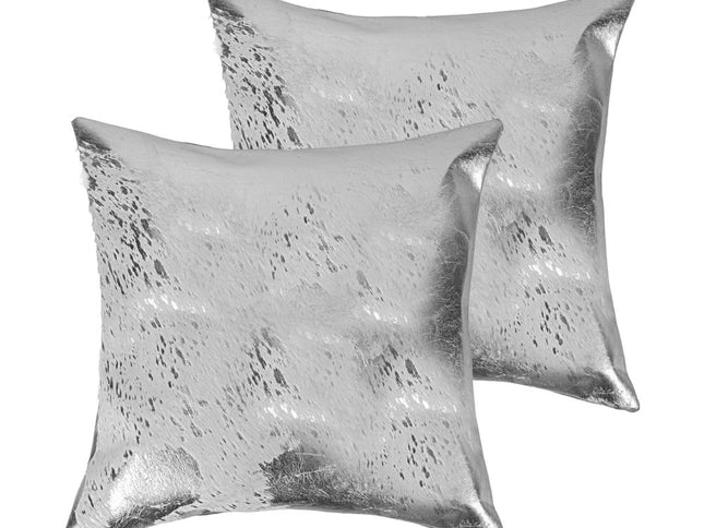 Set of Two 18" Gray and Silver Abstract Cowhide Throw Pillows with Glitter