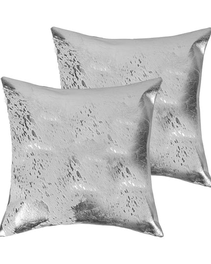 Set of Two 18" Gray and Silver Abstract Cowhide Throw Pillows with Glitter