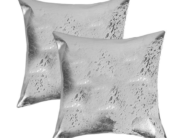 Set of Two 18" Gray and Silver Abstract Cowhide Throw Pillows with Glitter