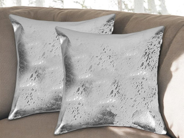 Set of Two 18" Gray and Silver Abstract Cowhide Throw Pillows with Glitter