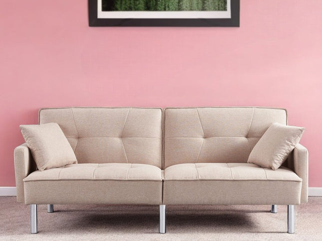 85" Beige Polyester Blend Convertible Futon Sleeper Sofa And Toss Pillows With Silver Legs