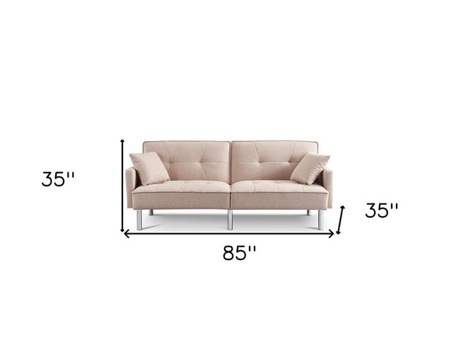 85" Beige Polyester Blend Convertible Futon Sleeper Sofa And Toss Pillows With Silver Legs
