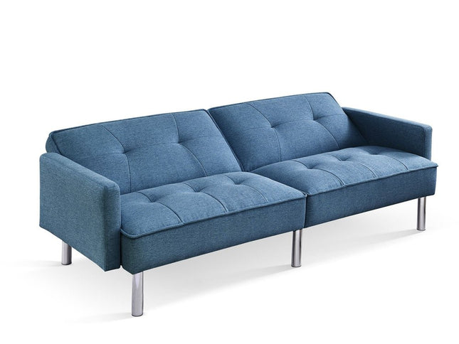 85" Blue Polyester Blend Convertible Futon Sleeper Sofa And Toss Pillows With Silver Legs