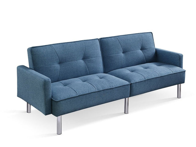85" Blue Polyester Blend Convertible Futon Sleeper Sofa And Toss Pillows With Silver Legs