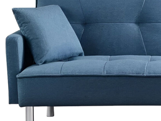 85" Blue Polyester Blend Convertible Futon Sleeper Sofa And Toss Pillows With Silver Legs