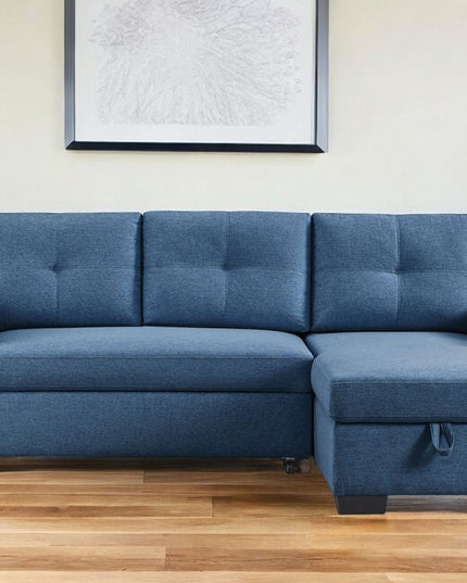92" Blue Polyester Blend Convertible Futon Sleeper Sofa With Black Legs