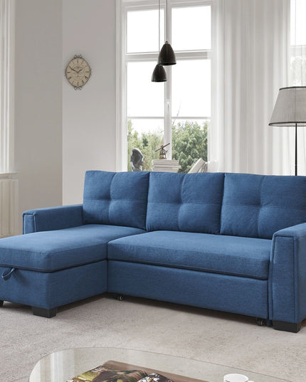 92" Blue Polyester Blend Convertible Futon Sleeper Sofa With Black Legs