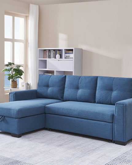 92" Blue Polyester Blend Convertible Futon Sleeper Sofa With Black Legs