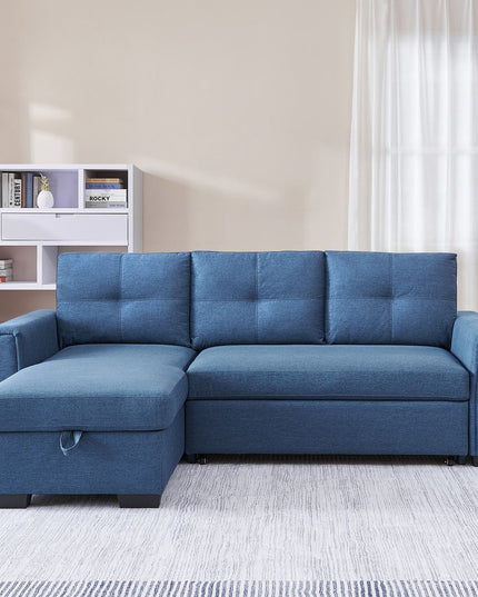 92" Blue Polyester Blend Convertible Futon Sleeper Sofa With Black Legs