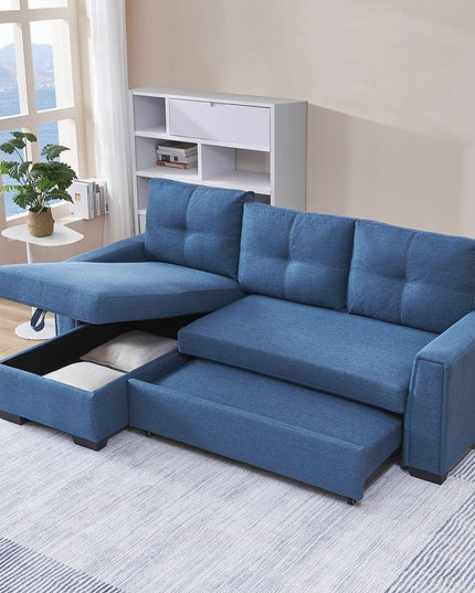 92" Blue Polyester Blend Convertible Futon Sleeper Sofa With Black Legs