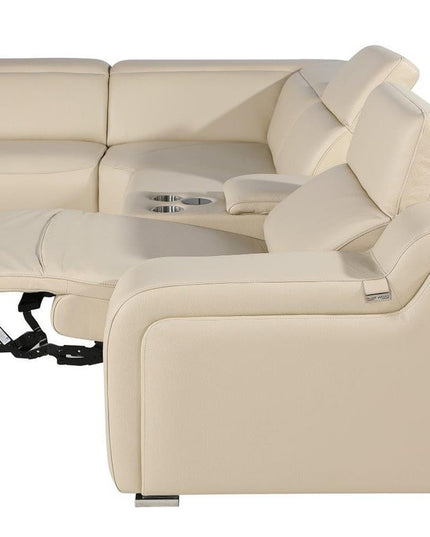 Beige Italian Leather Power Reclining Curved Five Piece Corner Sectional
