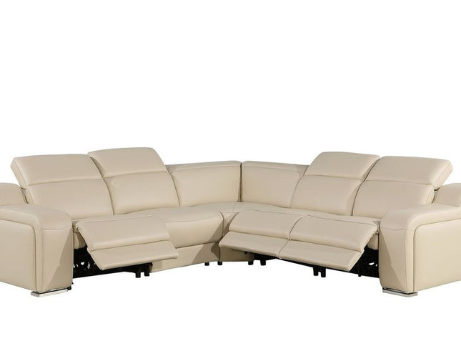 Beige Italian Leather Power Reclining Curved Five Piece Corner Sectional