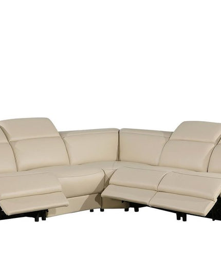 Beige Italian Leather Power Reclining Curved Five Piece Corner Sectional