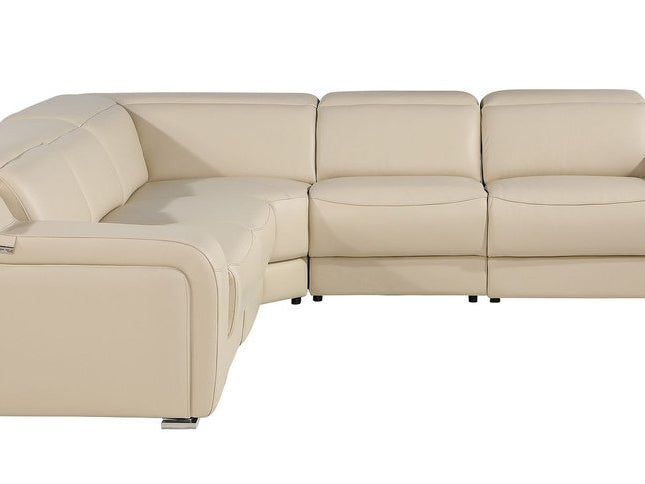 Beige Italian Leather Power Reclining Curved Five Piece Corner Sectional