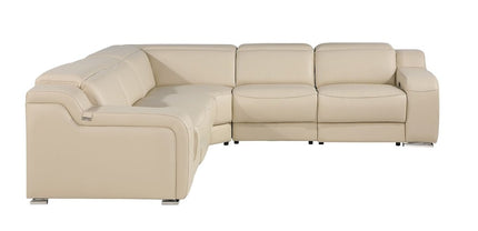 Beige Italian Leather Power Reclining Curved Five Piece Corner Sectional