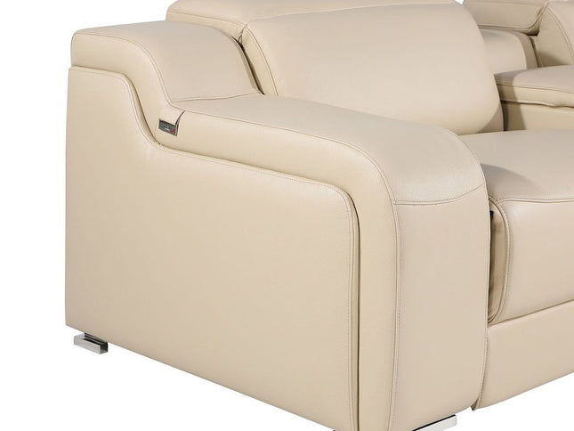 Beige Italian Leather Power Reclining Curved Five Piece Corner Sectional