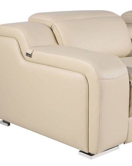 Beige Italian Leather Power Reclining Curved Five Piece Corner Sectional