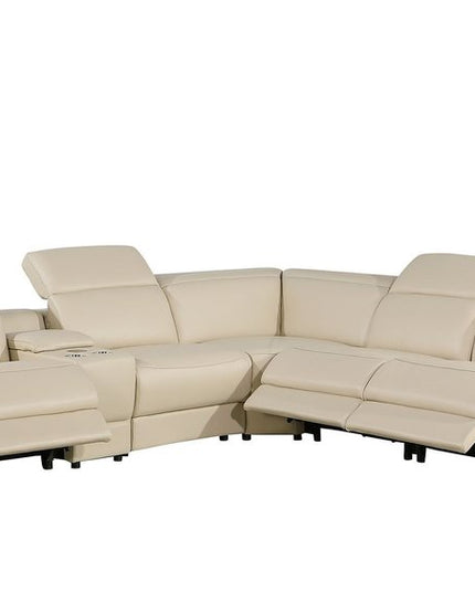 Beige Italian Leather Power Reclining Curved Six Piece Corner Sectional With Console