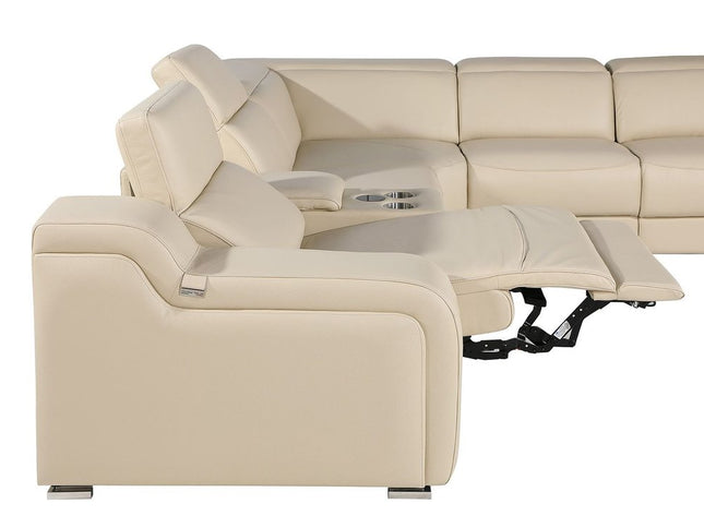 Beige Italian Leather Power Reclining Curved Six Piece Corner Sectional With Console