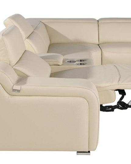Beige Italian Leather Power Reclining Curved Six Piece Corner Sectional With Console