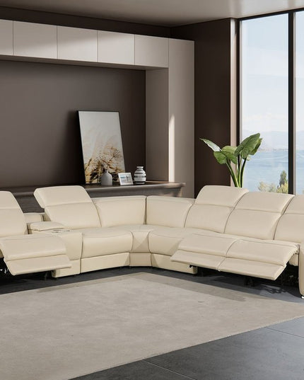 Beige Italian Leather Power Reclining Curved Seven Piece Corner Sectional With Console