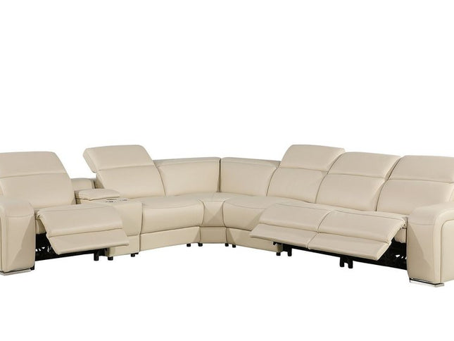 Beige Italian Leather Power Reclining Curved Seven Piece Corner Sectional With Console
