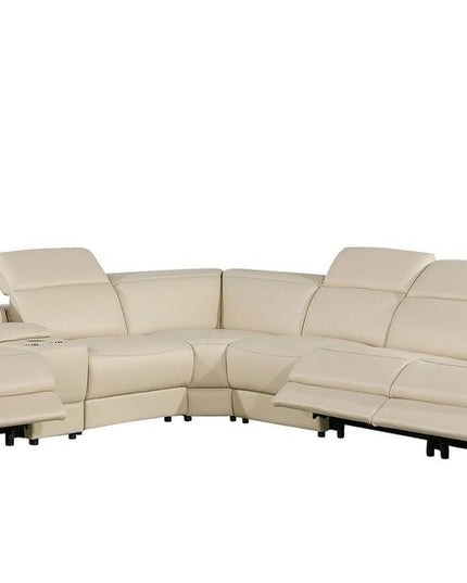 Beige Italian Leather Power Reclining Curved Seven Piece Corner Sectional With Console