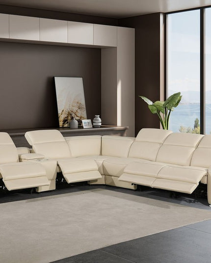 Beige Italian Leather Power Reclining Curved Seven Piece Corner Sectional With Console