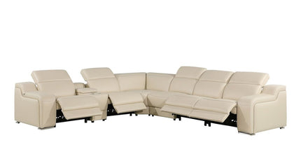 Beige Italian Leather Power Reclining Curved Seven Piece Corner Sectional With Console