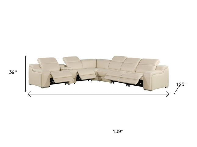 Beige Italian Leather Power Reclining Curved Seven Piece Corner Sectional With Console