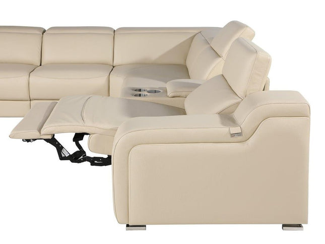 Beige Italian Leather Power Reclining Curved Seven Piece Corner Sectional With Console